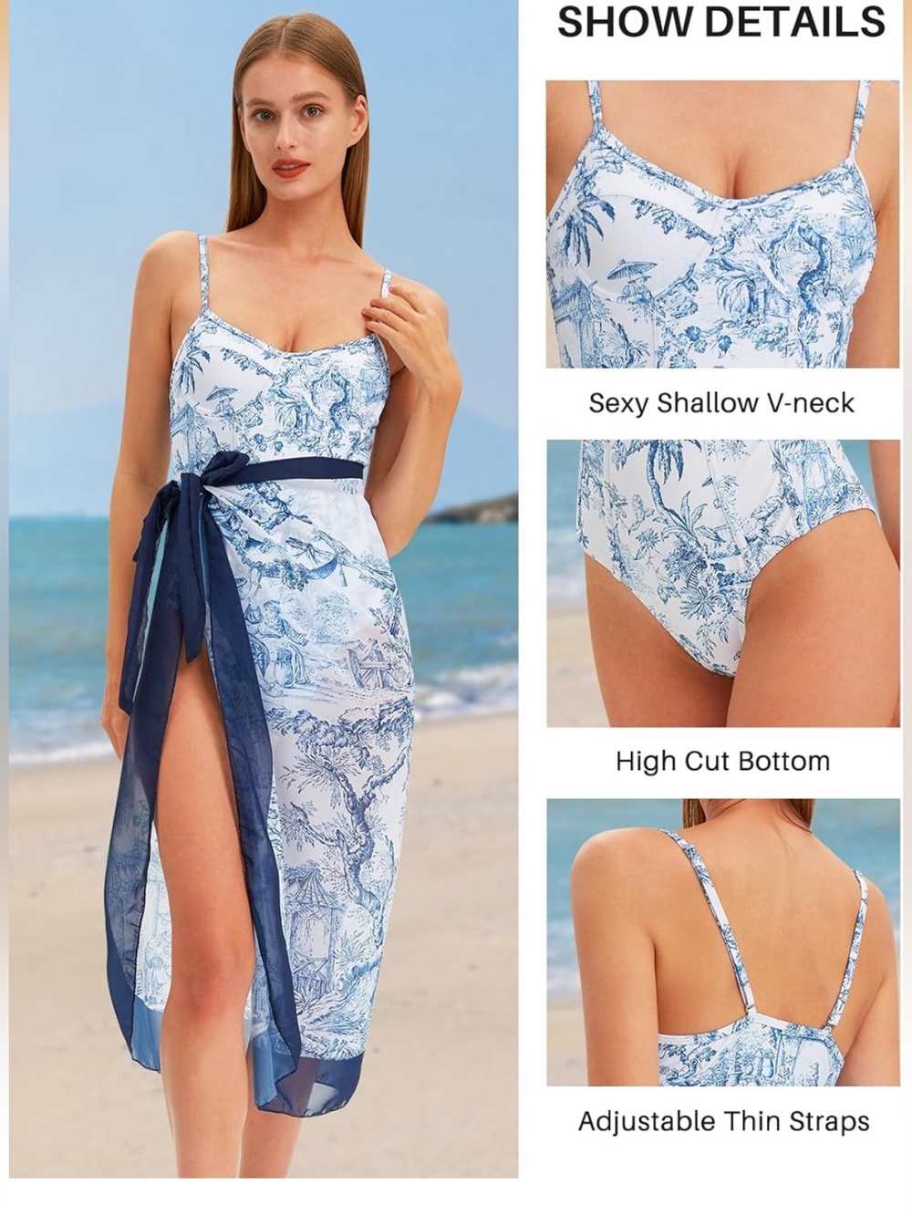 White and navy onepiece swimsuits with matching coverup.